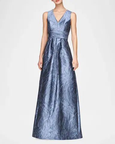 Kay Unger New York Mariah V-Neck Sleeveless Jacquard A-Line Gown | Thumbnail 4