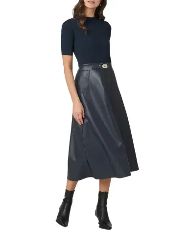 Shoshanna Angela Rib Knit & Faux Leather Midi Dress | Thumbnail 1 Shoshanna Angela Rib Knit & Faux Leather Midi Dress | Thumbnail 1