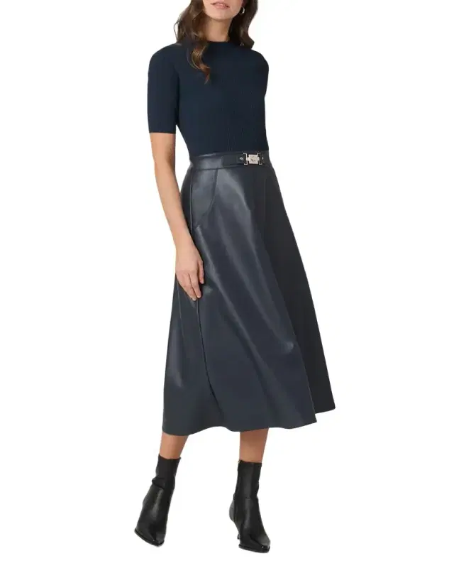 Shoshanna Angela Rib Knit & Faux Leather Midi Dress