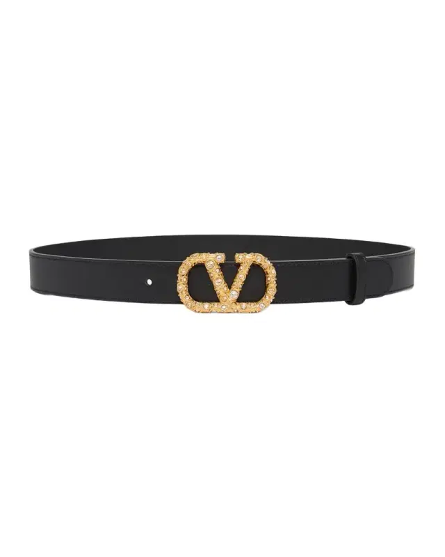 Valentino Garavani VLogo Signature Crystal-Embellished Leather Belt, 30mm