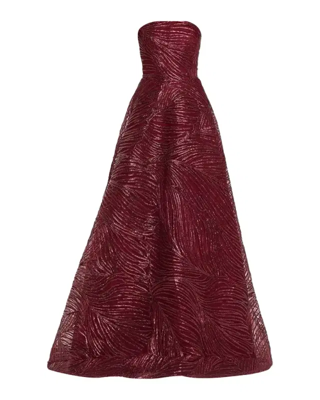 Strapless Metallic Raffia Embroidered Ball Gown