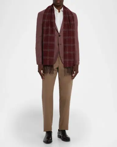 PIACENZA 1733 Men's Baltazar Herringbone to Plaid Silk and Cashmere Scarf | Thumbnail 2 PIACENZA 1733 Men's Baltazar Herringbone to Plaid Silk and Cashmere Scarf | Thumbnail 2