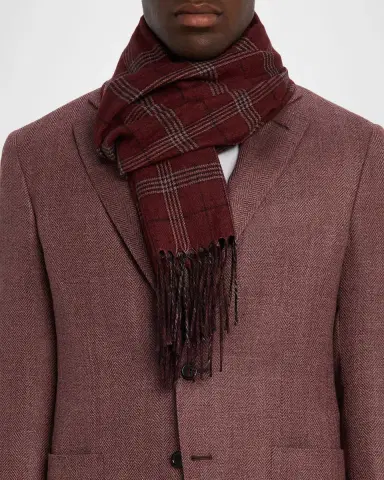 PIACENZA 1733 Men's Baltazar Herringbone to Plaid Silk and Cashmere Scarf | Thumbnail 3 PIACENZA 1733 Men's Baltazar Herringbone to Plaid Silk and Cashmere Scarf | Thumbnail 3