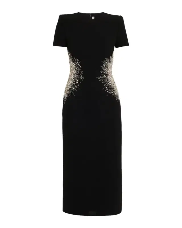 Crystal Embellished Short-Sleeve Midi Dress