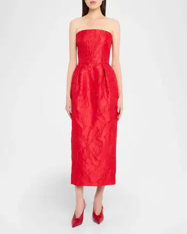 Monique Lhuillier Strapless Rose Jacquard Midi Dress | Thumbnail 2 Monique Lhuillier Strapless Rose Jacquard Midi Dress | Thumbnail 2