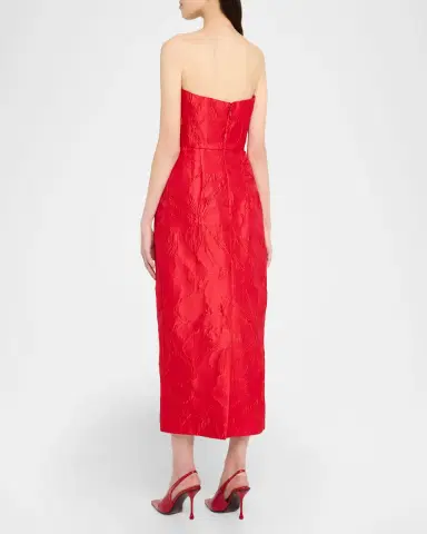 Monique Lhuillier Strapless Rose Jacquard Midi Dress | Thumbnail 3 Monique Lhuillier Strapless Rose Jacquard Midi Dress | Thumbnail 3