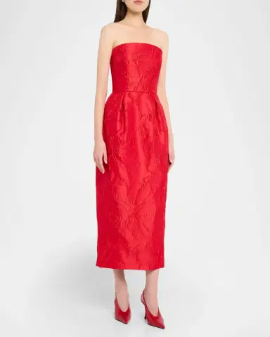 Monique Lhuillier Strapless Rose Jacquard Midi Dress | Thumbnail 4 Monique Lhuillier Strapless Rose Jacquard Midi Dress | Thumbnail 4