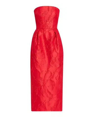 Monique Lhuillier Strapless Rose Jacquard Midi Dress | Thumbnail 1 Monique Lhuillier Strapless Rose Jacquard Midi Dress | Thumbnail 1