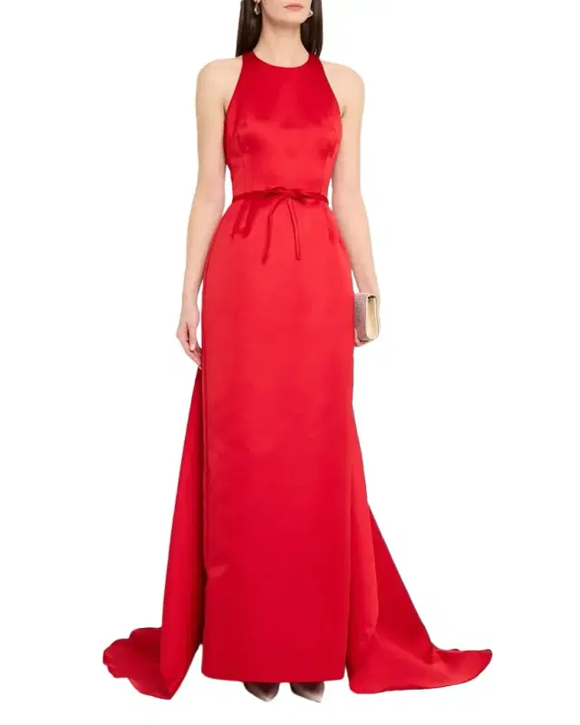 Caroline Satin Halter Column Gown With Detachable Train