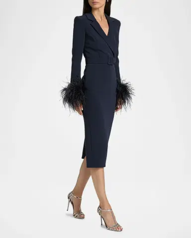 Badgley Mischka Belted Feather-Cuff Midi Sheath Dress | Thumbnail 2