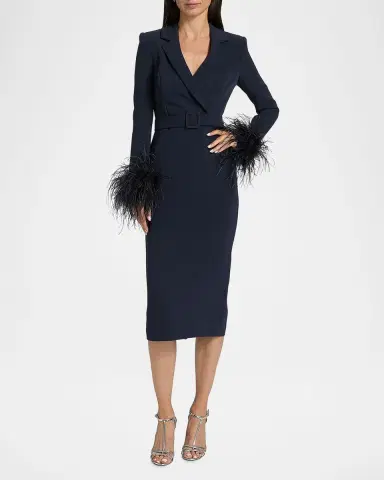 Badgley Mischka Belted Feather-Cuff Midi Sheath Dress | Thumbnail 3