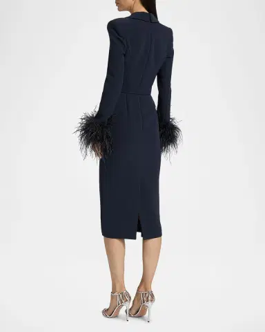 Badgley Mischka Belted Feather-Cuff Midi Sheath Dress | Thumbnail 4