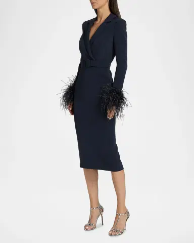 Badgley Mischka Belted Feather-Cuff Midi Sheath Dress | Thumbnail 6