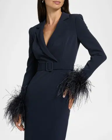 Badgley Mischka Belted Feather-Cuff Midi Sheath Dress | Thumbnail 7