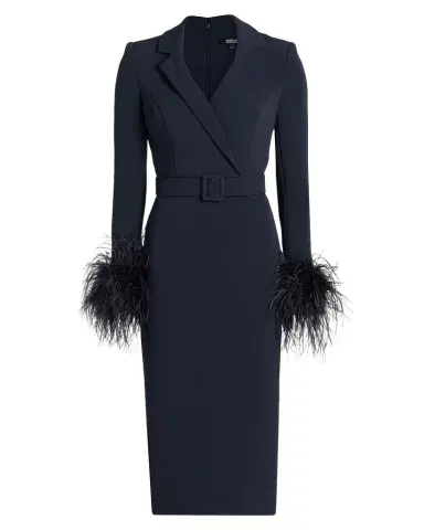 Badgley Mischka Belted Feather-Cuff Midi Sheath Dress | Thumbnail 1