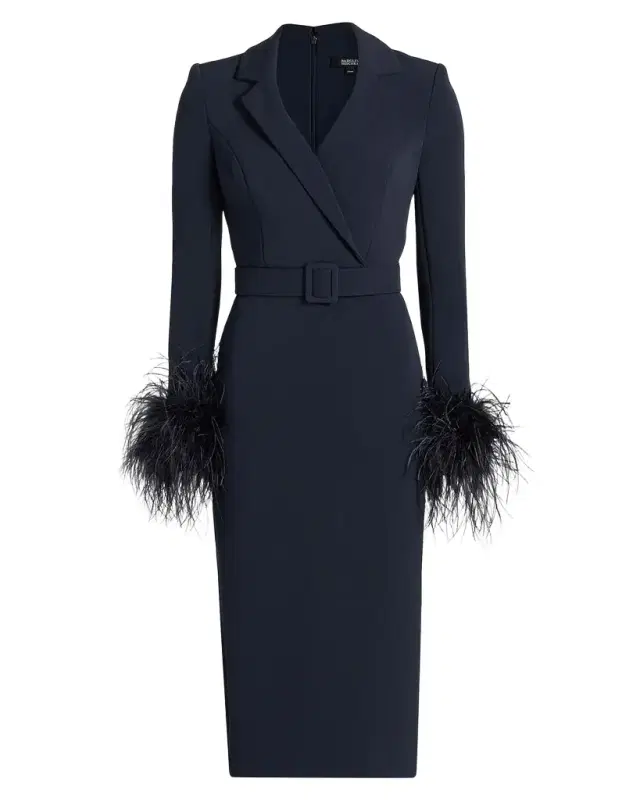 Belted Feather-Cuff Midi Sheath Dress