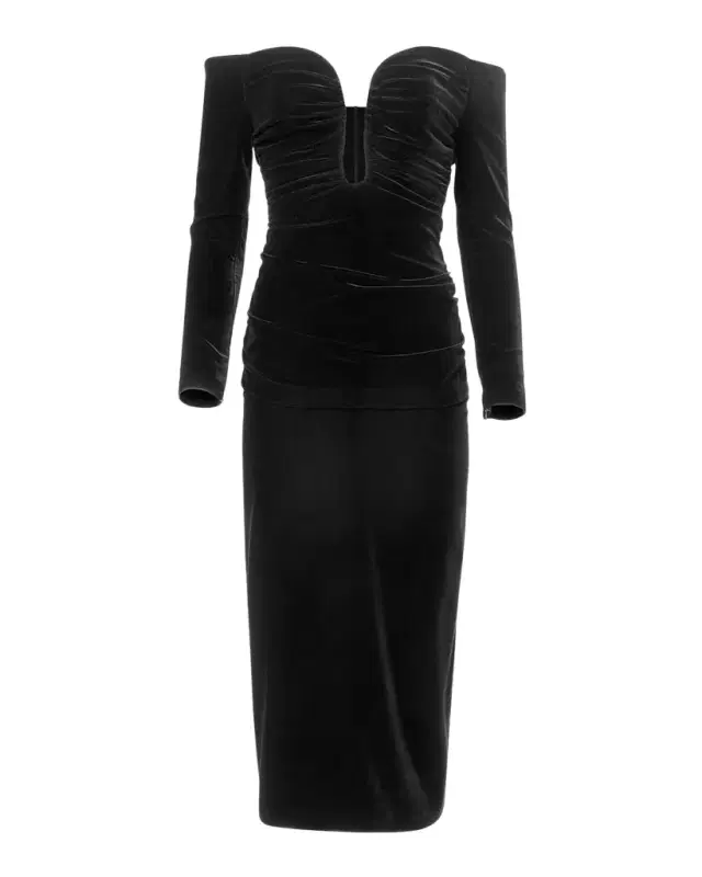 Ruched Plunging Off-Shoulder Velvet Midi Dress
