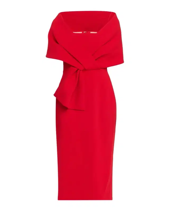 Badgley Mischka Square-Neck Pleated Wrap Midi Dress