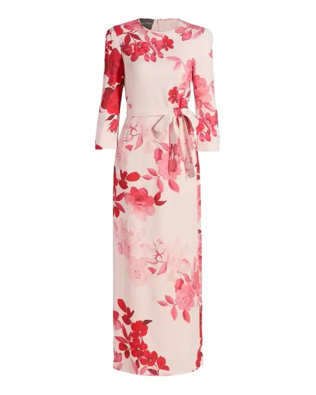 Monique Lhuillier Rose-Print Crepe Belted Bracelet-Sleeve Maxi Dress