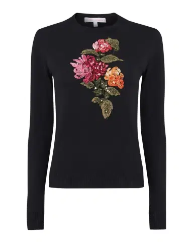 Carolina Herrera Floral Embroidered Silk-Cotton Crewneck Sweater | Thumbnail 1 Carolina Herrera Floral Embroidered Silk-Cotton Crewneck Sweater | Thumbnail 1