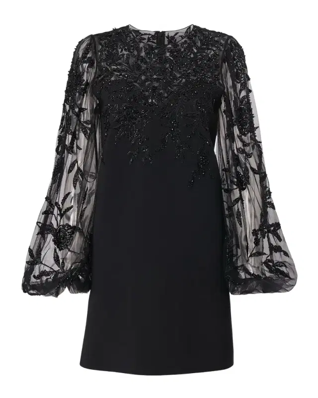 Embroidered Puff-Sleeve Mini Dress