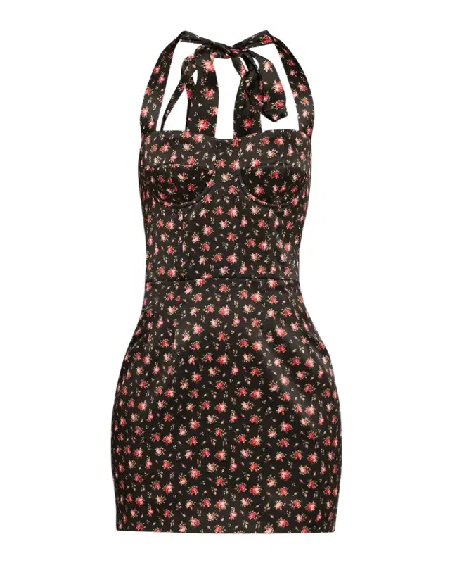 Dolce & Gabbana Floral-Print Satin Bustier Halter Mini Dress