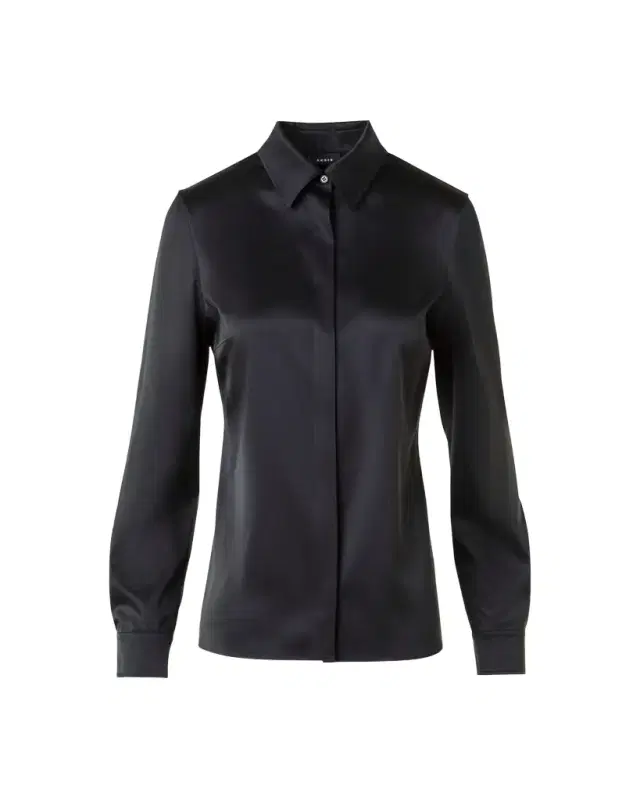 Stretch Silk Satin Button-Down Blouse