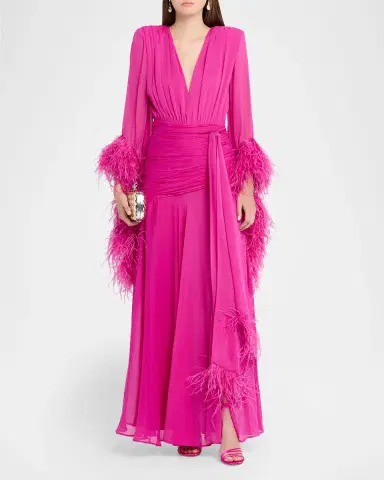 Bronx and Banco Geisha Feather-Trim Chiffon Gown | Thumbnail 2