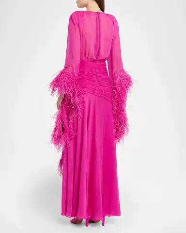 Bronx and Banco Geisha Feather-Trim Chiffon Gown | Thumbnail 3