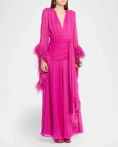 Bronx and Banco Geisha Feather-Trim Chiffon Gown | Thumbnail 4