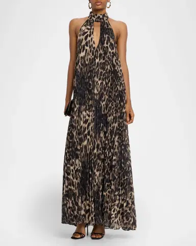One33 Social The Kaia Leopard Pleated Chiffon Halter Gown | Thumbnail 2