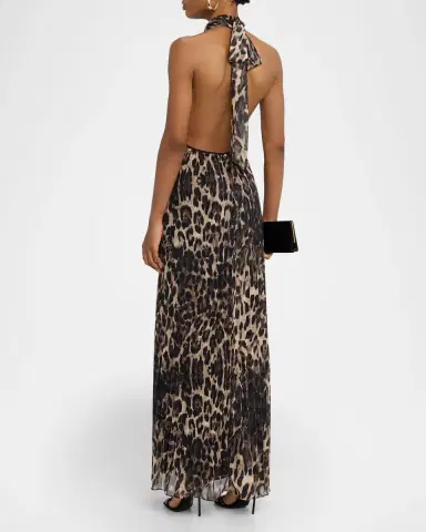 One33 Social The Kaia Leopard Pleated Chiffon Halter Gown | Thumbnail 3