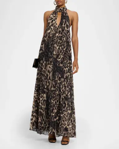 One33 Social The Kaia Leopard Pleated Chiffon Halter Gown | Thumbnail 4