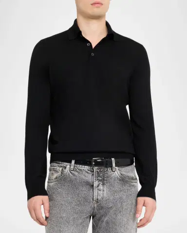 Brunello Cucinelli Men's Fine Gauge Wool-Cashmere Polo Shirt | Thumbnail 4 Brunello Cucinelli Men's Fine Gauge Wool-Cashmere Polo Shirt | Thumbnail 4