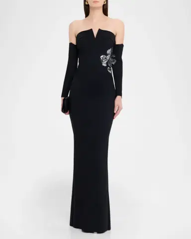 Chiara Boni La Petite Robe Zioni Off-Shoulder Sequin Flower Long Gown | Thumbnail 2 Chiara Boni La Petite Robe Zioni Off-Shoulder Sequin Flower Long Gown | Thumbnail 2