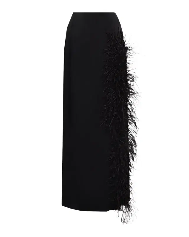 LAPOINTE Feather-Trimmed Slit Satin Maxi Skirt