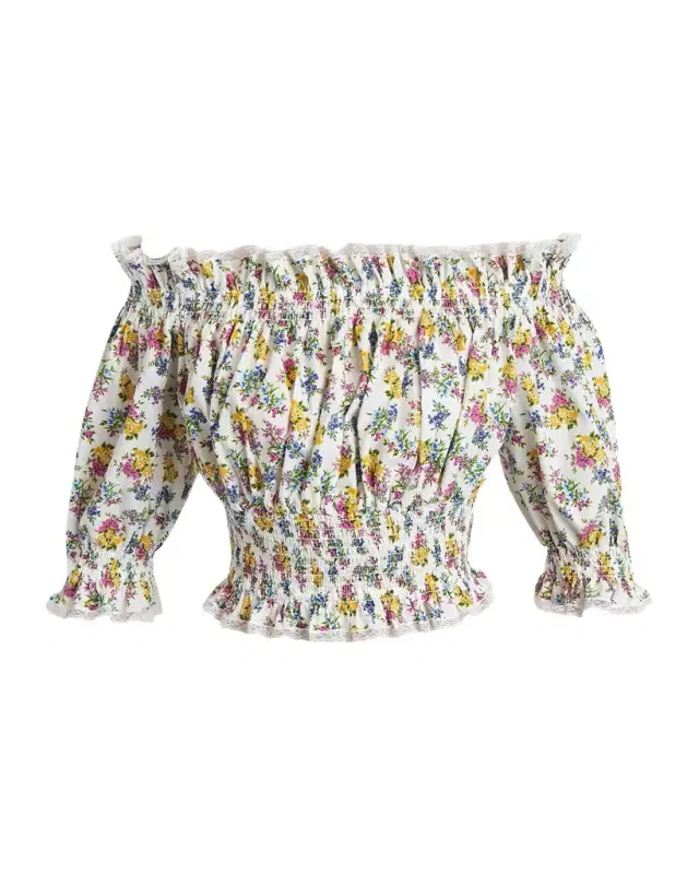 Dolce & Gabbana Off-Shoulder Smocked Floral Cotton Crop Top