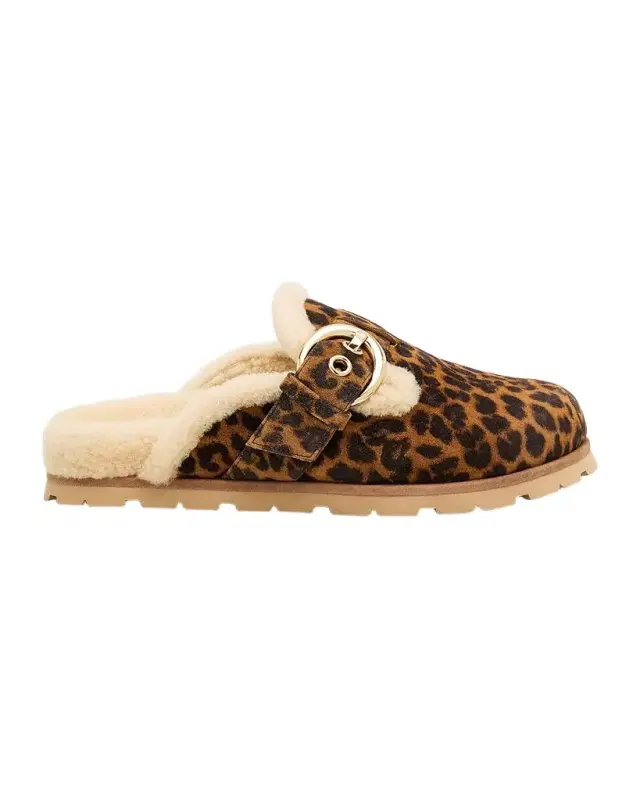 Stuart Weitzman Chrystie Shearling-Lined Leopard Suede Mules