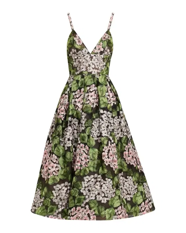 Eden Pleated Floral-Embroidered Midi Dress