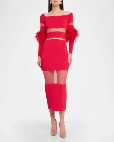 LAPOINTE Matte Viscose Off-Shoulder Intarsia Dress with Feathers | Thumbnail 2 LAPOINTE Matte Viscose Off-Shoulder Intarsia Dress with Feathers | Thumbnail 2