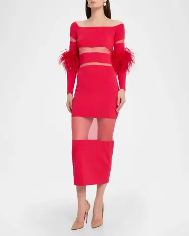 LAPOINTE Matte Viscose Off-Shoulder Intarsia Dress with Feathers | Thumbnail 4 LAPOINTE Matte Viscose Off-Shoulder Intarsia Dress with Feathers | Thumbnail 4