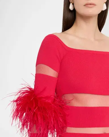LAPOINTE Matte Viscose Off-Shoulder Intarsia Dress with Feathers | Thumbnail 5 LAPOINTE Matte Viscose Off-Shoulder Intarsia Dress with Feathers | Thumbnail 5