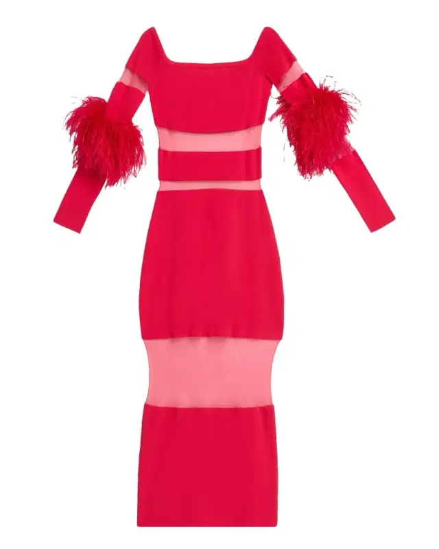 Matte Viscose Off-Shoulder Intarsia Dress with Feathers