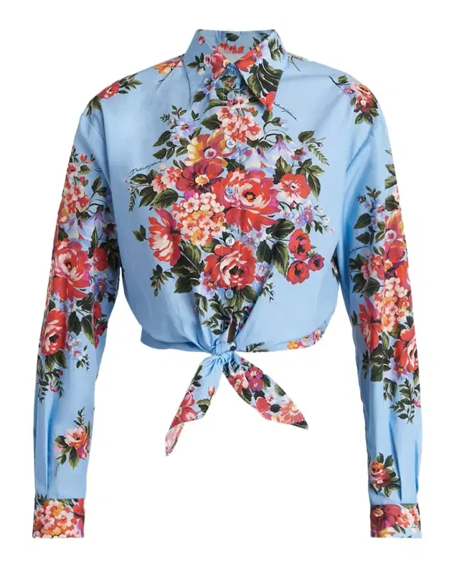 Floral-Print Knotted Crop Button-Down Shirt