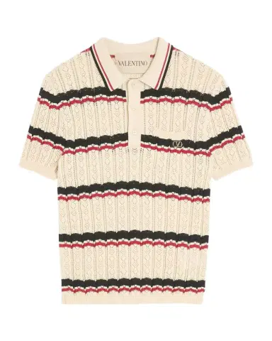 Valentino Garavani Men's Stripe Cotton Eyelet VLogo-Pocket Polo Shirt | Thumbnail 1 Valentino Garavani Men's Stripe Cotton Eyelet VLogo-Pocket Polo Shirt | Thumbnail 1