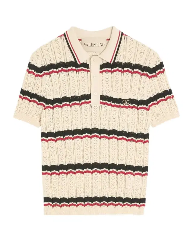 Valentino Garavani Men 's Stripe Cotton Eyelet VLogo-Pocket Polo Shirt