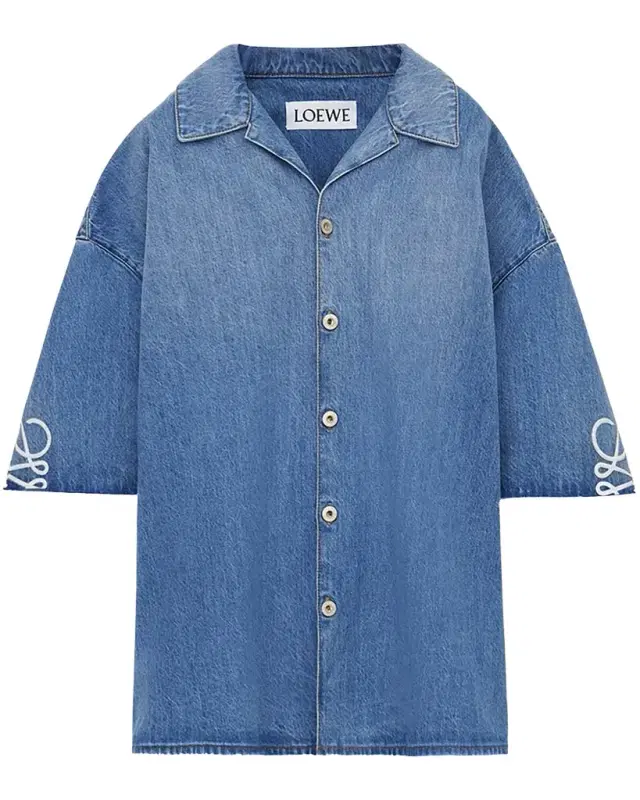 Loewe Men 's Washed Denim Anagram-Sleeve Camp Shirt