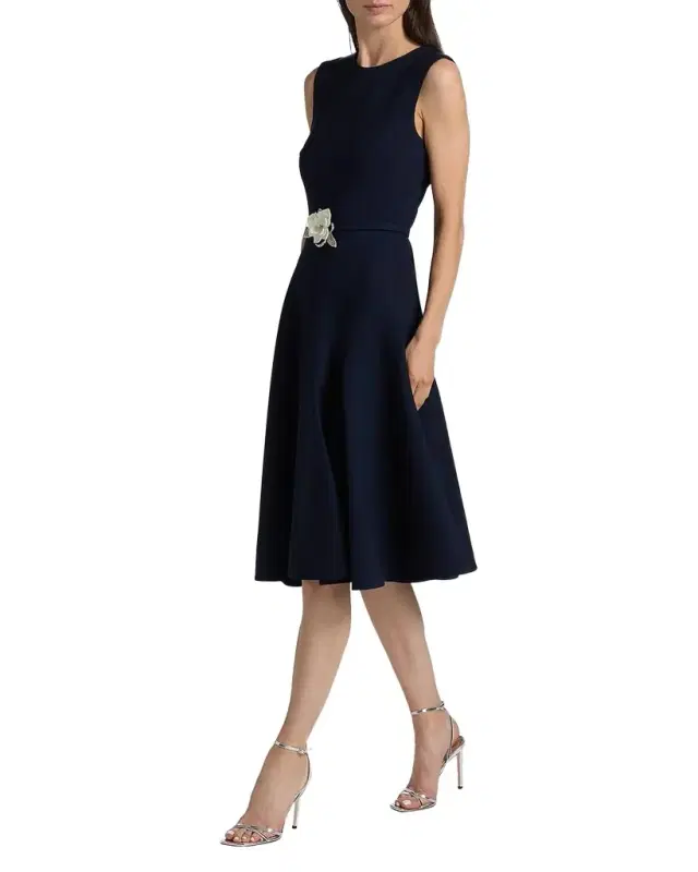 Sleeveless Crystal Belted Stretch Wool Midi Dress