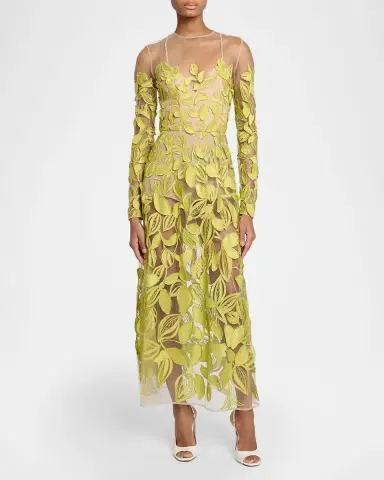 Elie Saab Embroidered Tulle Long-Sleeve Illusion Midi Dress | Thumbnail 2 Elie Saab Embroidered Tulle Long-Sleeve Illusion Midi Dress | Thumbnail 2