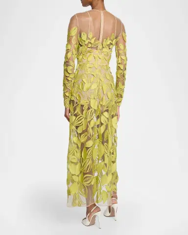 Elie Saab Embroidered Tulle Long-Sleeve Illusion Midi Dress | Thumbnail 3 Elie Saab Embroidered Tulle Long-Sleeve Illusion Midi Dress | Thumbnail 3